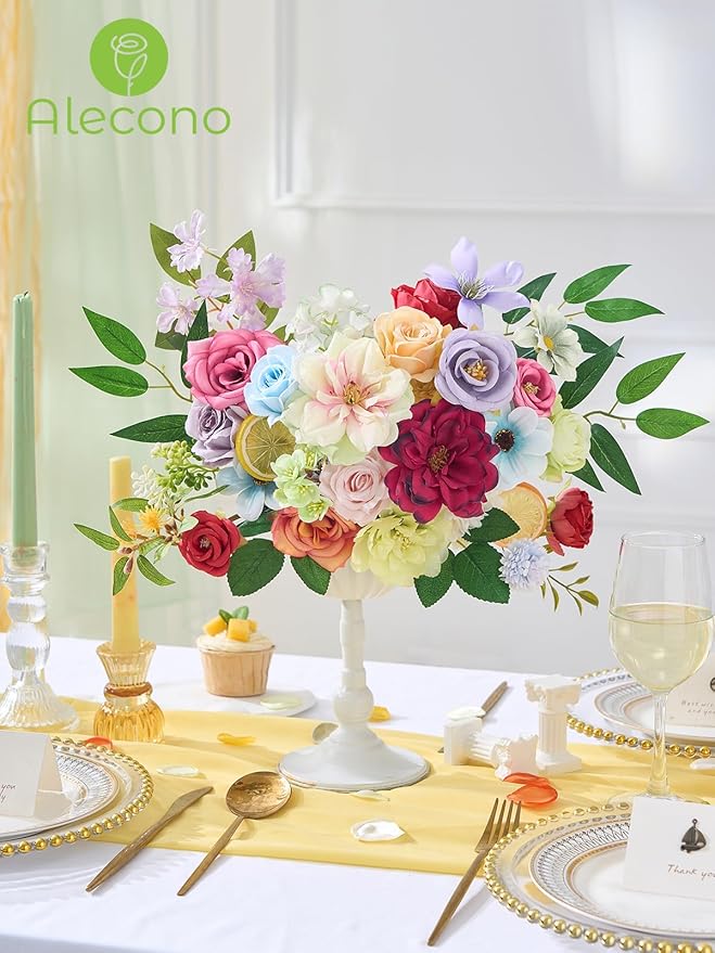 Alecono Artificial Flowers, Colorful Combo Silk Fake Flowers with Lemon Accessories for Cake Decorations, Home Table Centerpieces Birthday Party Decor