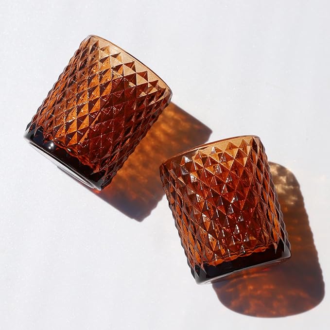 Woho 12pcs Amber Votive Candle Holders Vintage, Glass Tealight Candle Holder for Boho Wedding Table Centerpiece, Brown Tea Lights Candle Holder for Halloween Thanksgiving Decor