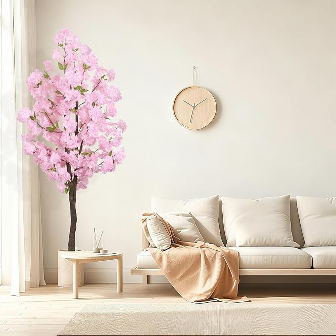 Artificial Pink Cherry Blossom Tree 5.5ft(67in) Tall Fake Silk Leaves Indoor Decor Handmade Lifelike Sakura Tree for Wedding Realistic Cherry Plant in Pot for Home Living Room,Office,Outdoor Decor