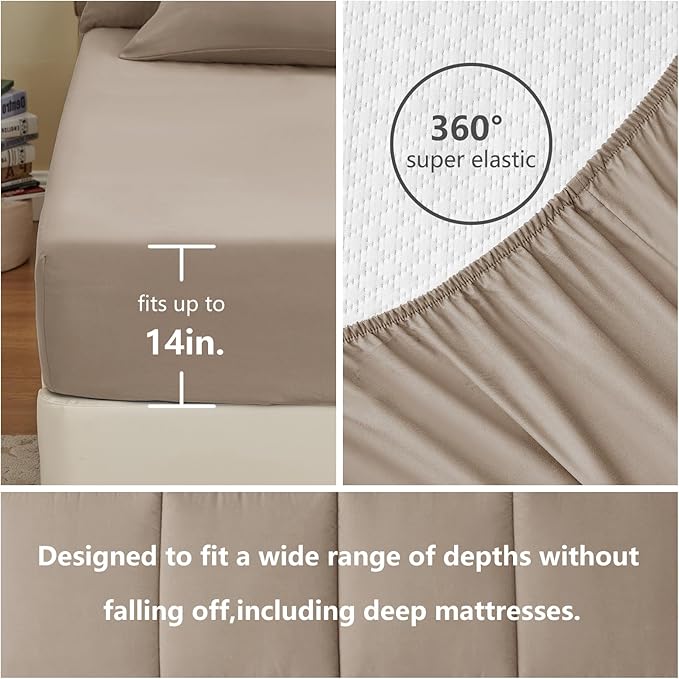 CozyLux Full Size Comforter Sets Khaki, 7 Pieces Bed in a Bag, Khaki Comforter Full Size, All Season Bedding Sets with Stitch Quilted Comforter, Flat Sheet, Fitted Sheet, Pillowcases