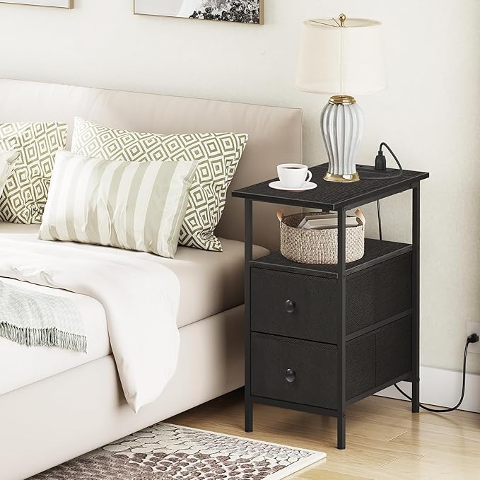 HOOBRO End Table with Charging Station, Narrow Side Table, Nightstand with 2 Non-Woven Drawers, Slim Sofa Side Table, for Small Spaces, Living Room, Bedroom, Black BB486UBZ01