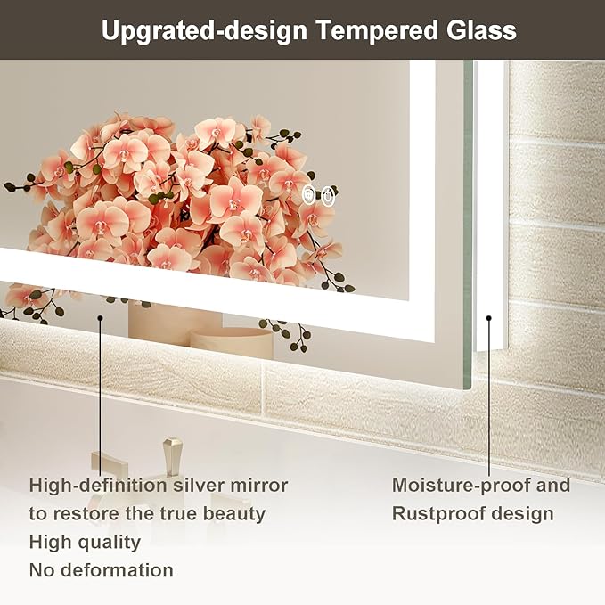 72x36 Large LED Bathroom Mirror with Lights, Brighter Backlit + Front Lit, Tempered Glass, Dimmable, Multiple Light Modes, Anti-Fog Lighted Bathroom Vanity Mirror for Wall, Memory Function