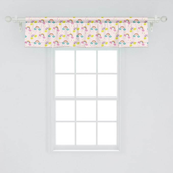 Ambesonne Cartoon Window Valance Pack of 2, Pastel Rainbows Clouds Raindrops Sky Theme, Rod Pocket Curtain Valances for Kitchen Bedroom, 54" X 12", Rose and Multicolor