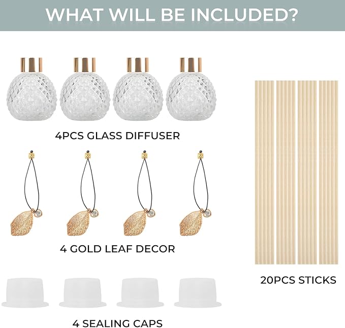 4Pcs Reed Diffuser Set with Metal Golden Decoration, 3.5oz Empty Reed Diffuser Bottles with 20Pcs Reed Diffuser Sticks, Unique Design Bottles for Home and Office(Spiky Ellipsoidal)