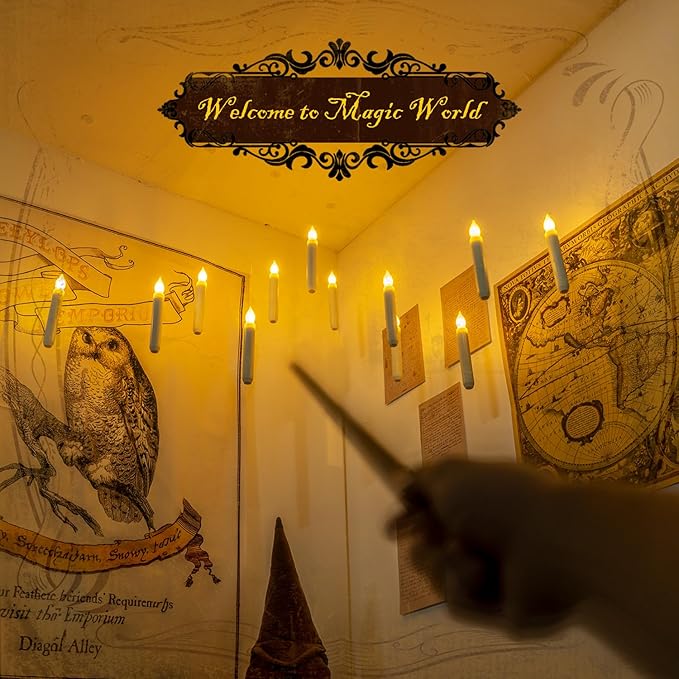 Homemory Hanging Floating Candles with Wand Remote and String, 12 Pcs Flying Flameless LED Taper Candles Warm White Light, Battery Operated Window Candles with Wand for Halloween Christmas Party