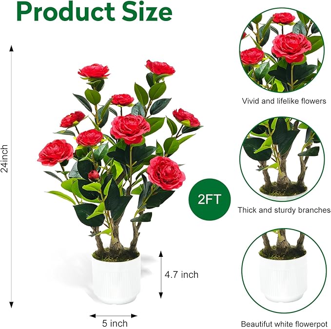 2Pack Artificial Camellia Tree, 2FT Faux Camellia Plant in Pot with Red Flowers for Spring Home Front Door Outdoor Indoor Decoration,Red