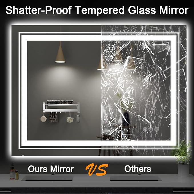 LED Bathroom Mirror, 48"X32" with Front and Backlit, Anti-Fog, Large Bathroom Vanity Mirror for Wall, Memory Function, Stepless Dimmable, Tempered Glass (Horizontal/Vertical)