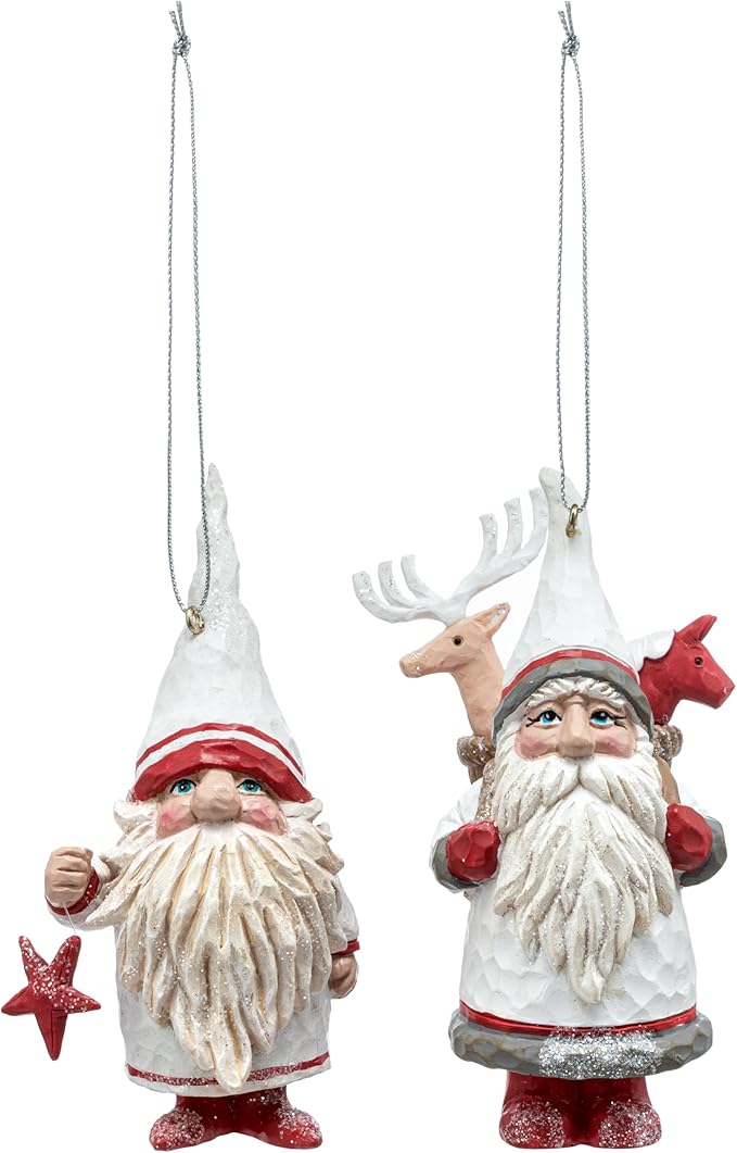 DEMDACO Cozy Time Red, White 5 x 2 Inch Resin, Polyester Christmas Tree Decoration, Festive Holiday Décor, Hanging Ornaments, Set of 2, Gnome Traveler