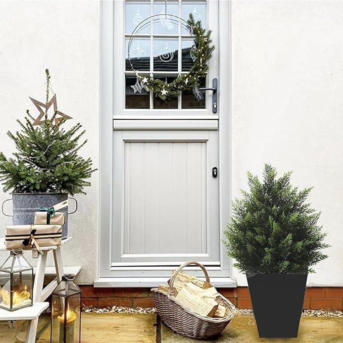 2FT Artificial Cedar Topiary Tree Lifelike Faux Cedar Pines Christmas Trees UV Rated Faux Shrubs Everygreen Plants for Front Porch Outdoor Decor Set of 2