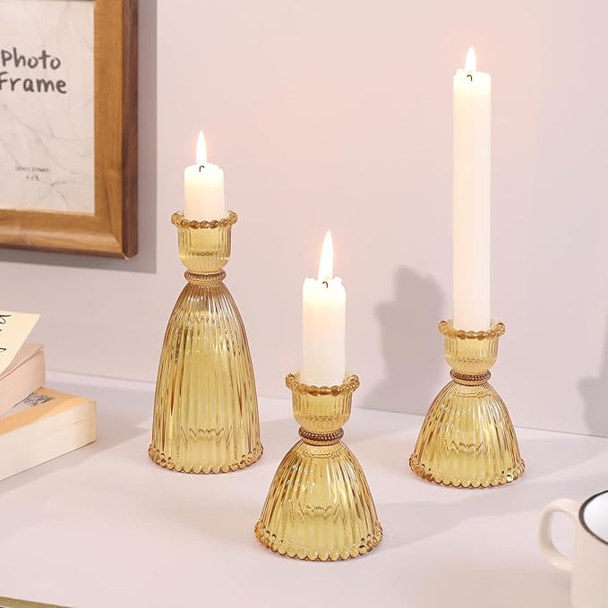 6 Pcs Amber Glass Candlestick Holders (3.5"/6", Assorted)- Tall Taper Candle Holders with Vintage Design, Candle Stick Holders in Bulk for Fall Party Decor, Amber Candle Holder for Tapered Candles