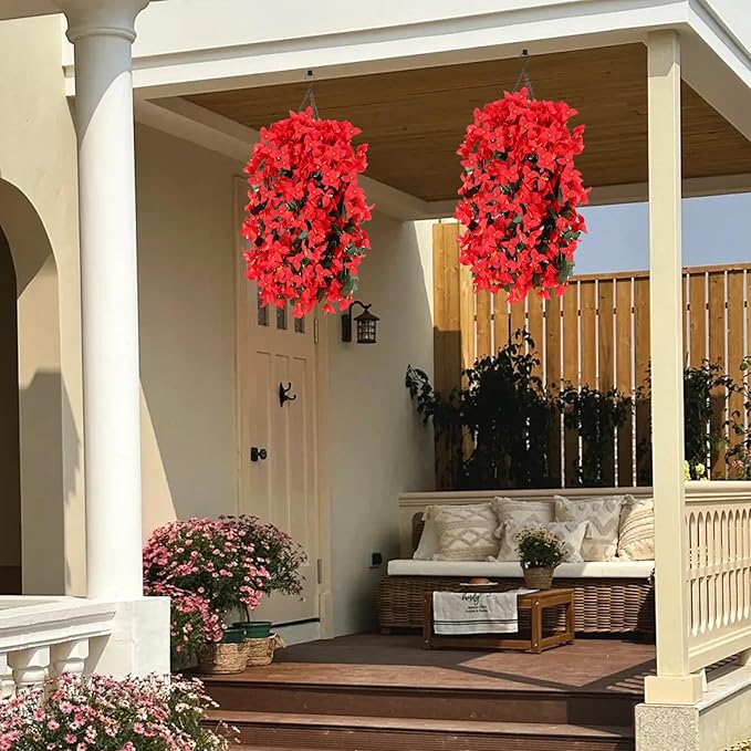 Artificial Bougainvillea Flowers for Outdoor Plant,2 pcs Faux Hanging Flowers Bougainvillea for Outside Decoration,Fake Silk UV Resistant Vines for Front Door Porch(Red)