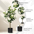 Artificial Camellia Tree 2 Pack, Artificial Plants Outdoor Faux Floral Plant in Cement Pot Fake Silk Camellia Tree Plants for Home House Living Room Office Decor
