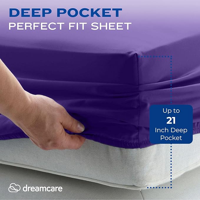 DREAMCARE King Size Sheets Set – 4 pcs Cooling Sheets – up to 21” Deep Pocket King Sheet Set – Hotel Luxury Sheets & Pillowcases – Superior Softness 100% Fine Microfiber with Side Pocket – Purple