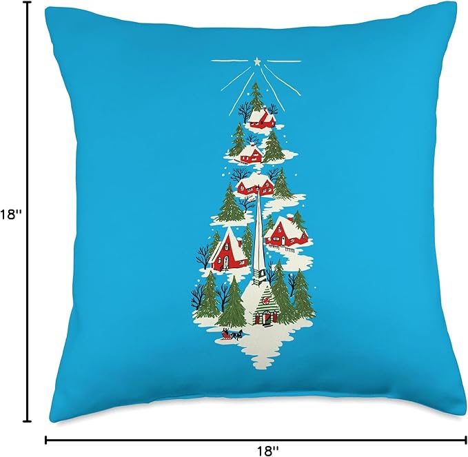 Vintage Scandinavian Christmas Collection Swedish Christmas Scene with Red Houses and Church in Snow Throw Pillow, 18x18, Multicolor