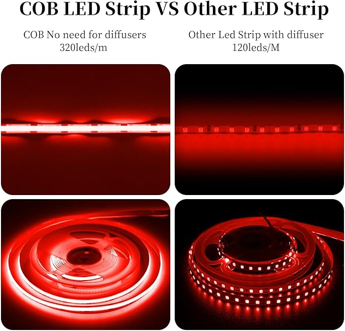 iNextStation COB LED Strip Light Red 16.4FT 5M, DC12V CRI 93+ Dimmable Flexible LED Tape Lights for Bedroom, Kitchen, TV Backlight, Cupboard, Wardrobe, Home Lighting Decor