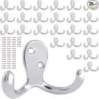 25 Pack Coat Hooks Wall Hooks for Hanging, Heavy Duty Double Prong Metal Hook Wall Mounted for Living Room, Bathroom, Kitchen, Bedroom for Coat, Bag, Scarf, Towel, Hat, Key, Cup (Silver)