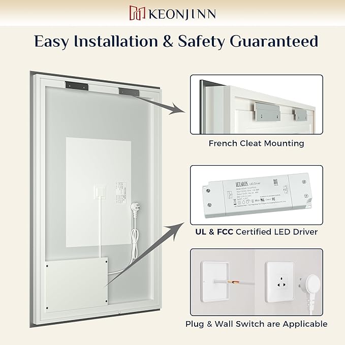 Keonjinn 60 x 28 Inch LED Bathroom Mirror with Lights Backlit Vanity Mirror Anti-Fog Lighted Bathroom Mirror Large Wall Mounted Dimmable Makeup Mirror with Memory Function(Horizontal/Vertical)