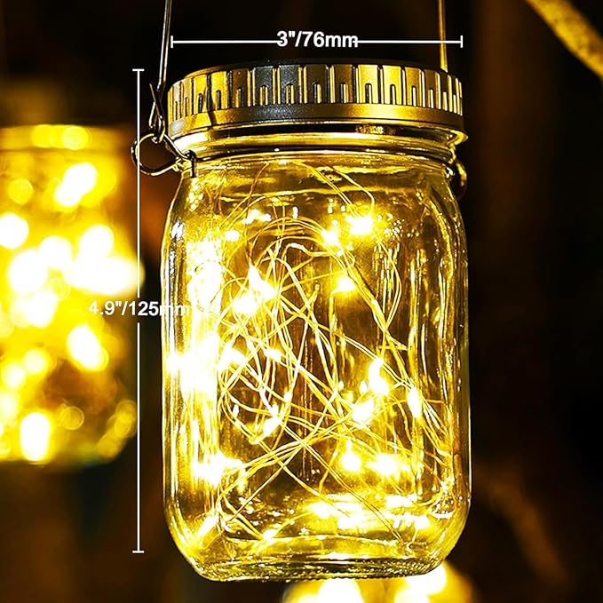 Cooo 6 Pack Solar Lanterns Outdoor Waterproof Upgraded Crystal Glass Solar Mason Jar Lights 30 LED 215% Larger SolarPanel, Anti-Rust Lid Hanging Outdoor Lanterns for Patio Garden Porch