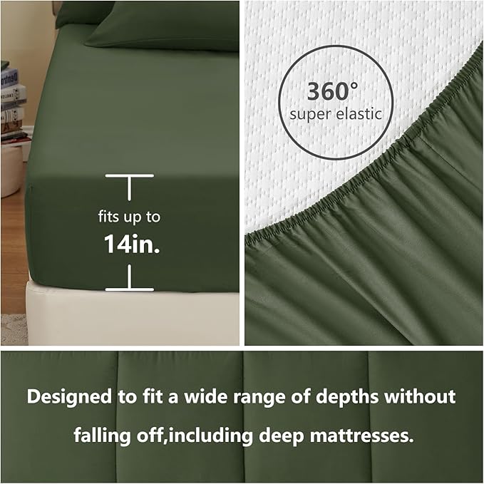 CozyLux Queen Comforter Set Olive Green, 7 Pieces Bed in a Bag, Green Comforter Queen Size, All Season Bedding Sets with Stitch Quilted Comforter, Flat Sheet, Fitted Sheet, Pillowcases