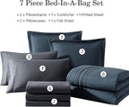 Monbix Queen Comforter Set - 7 Pieces Blue Gray Bed in a Bag Queen Bedding Sets with Comforters, All Seasons Comforter Bed Set with Sheets,Pillowcases & Shams