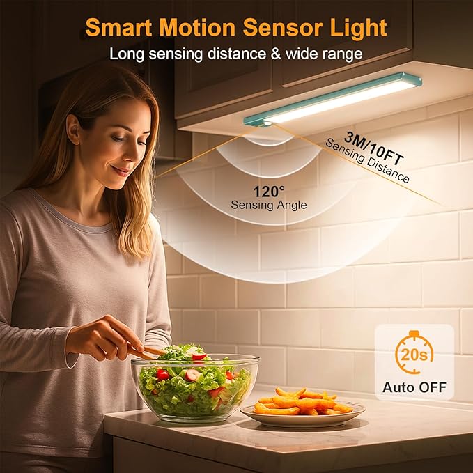 Gritin 10.2inch Under Cabinet Lighting Rechargeable -84 LED Super Bright,3-Color& 5 Level Brightness,4 Modes,Motion Sensor, Long Lasting- Easy Installation Magnetic Closet Lights -2 Pack-Green