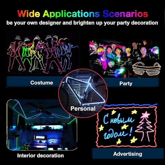 MaxLax EL Wire Purple, 32.8ft/10m Portable Battery Pack Neon Light Strip 360° Cuttable Glowing Rope Lights for Parties, Halloween, DIY Decoration