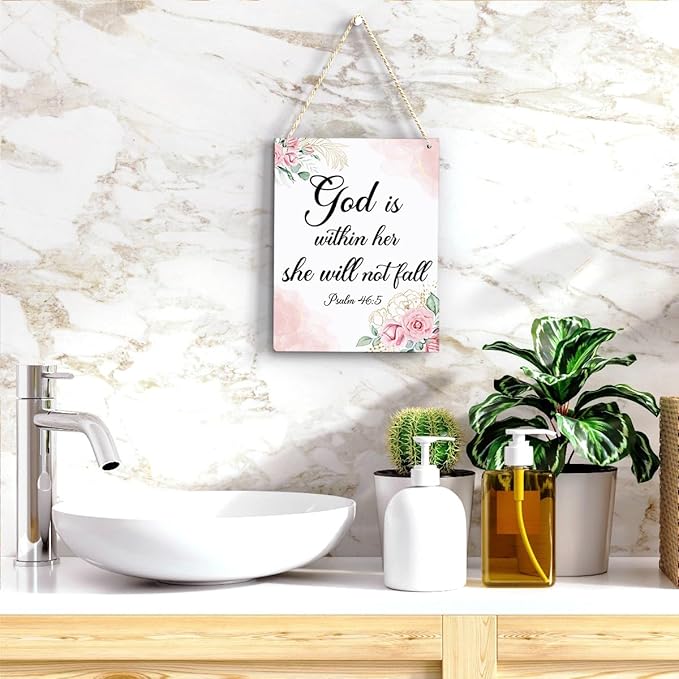 Inspirational Decor God is Within Her She Will Not Fall Psalm 46:5 Christian Gifts for Women Bible Verse Wall Art Scripture Wooden Hanging Sign for Kids Room Bathroom Bedroom Decor 8 x 10 Inches