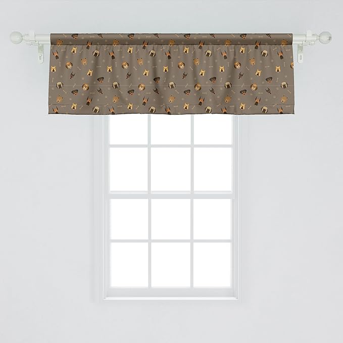 Ambesonne Dog Lover Window Valance, Repetitive Pattern of Pet Heads Paw Prints and Bones, Curtain Valance for Kitchen Bedroom Decor with Rod Pocket, 42" x 18", Taupe
