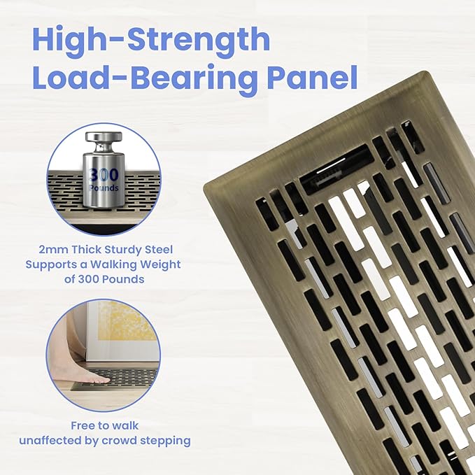 4x14 Inches 2 Pack Heavy Duty Walkable Floor Register - Easy Adjust Air Supply Lever Decorative Floor Vent Covers, Boston Design Vent Covers for Home - Antique Brass