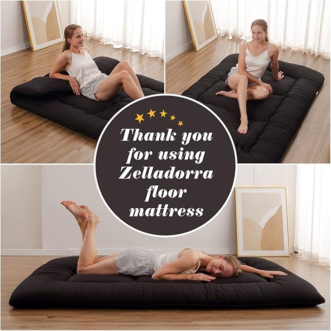 Japanese Floor Mattress, Futon Mattress with Portable Storage Bag and Washable Cover, Roll Up Thick Tatami Mat Suitable for Camping, Guest Room, Black, Twin
