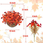 Artificial Hanging Flowers Plants Basket for Outdoors Fall Decorations, 12 Pcs UV Resistant Faux Morning Glory Fake Petunias with Hanging Planter for Home Porch Balcony Decor (Orange Red)