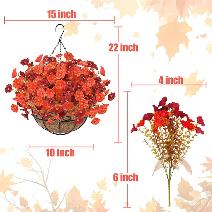 Artificial Hanging Flowers Plants Basket for Outdoors Fall Decorations, 12 Pcs UV Resistant Faux Morning Glory Fake Petunias with Hanging Planter for Home Porch Balcony Decor (Orange Red)