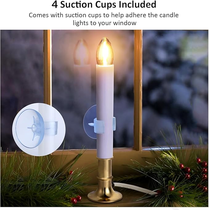 4-Pack Electric Christmas Window Candle Lights Dusk to Dawn with Shatterproof Plastic LED Bulbs, Plug-in Corded Window Candle Lamps, Auto On/Off Light Sensor, 4 Suction Cups Included, Warm White