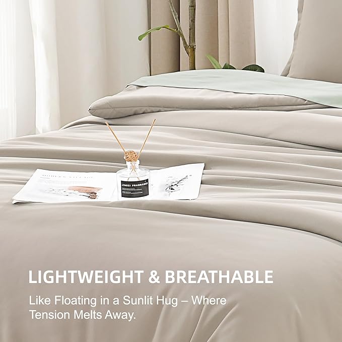 Litanika Oatmeal Twin/Twin XL Comforter Set, 2 Pieces Lightweight Solid Bedding Comforter Set, All Season Fluffy Bed Set (66x90In Comforter & 1 Pillowcase)