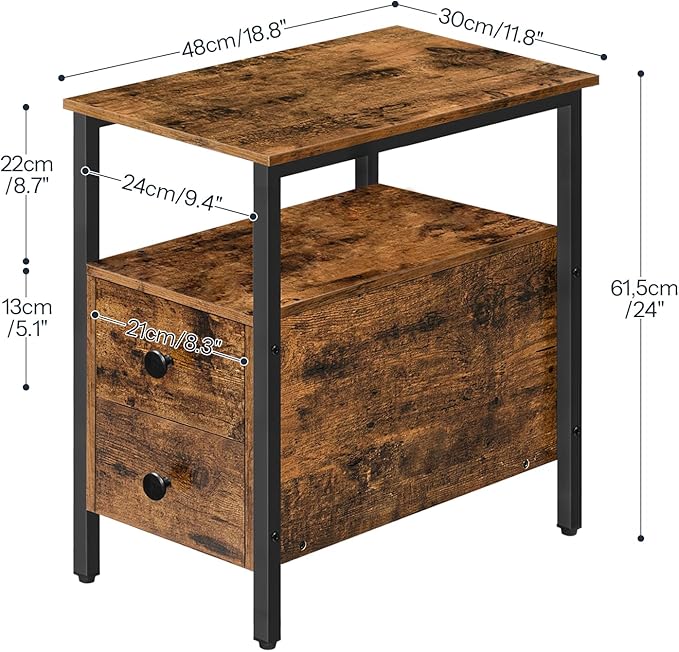 HOOBRO End Table, Narrow Chairside Table with Drawer and Open Storage Shelf, Nightstand for Small Spaces, Stable and Sturdy Construction, Wood Look Accent Furniture, Rustic Brown and Black BF548BZ01G2
