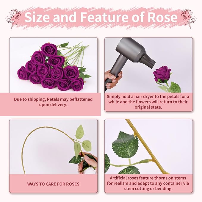 52 PCS Purple Artificial Roses Bulk, Fake Artificial Flowers Bridal Bouquet Silk Faux Rose with Stems for Wedding Flowers Decoration, Valentine's Day, Bridal Bouquet, Anniversary, Home Decor (52PCS)