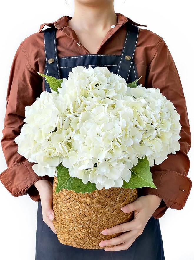 4PCS White/Cream Hydrangea Artificial Flowers, 21" Lifelike Latex Silk Real Touch Faux Hydrangea Flowers, Artificial Hydrangeas Bouquet for Wedding Centerpieces Tables Party Home