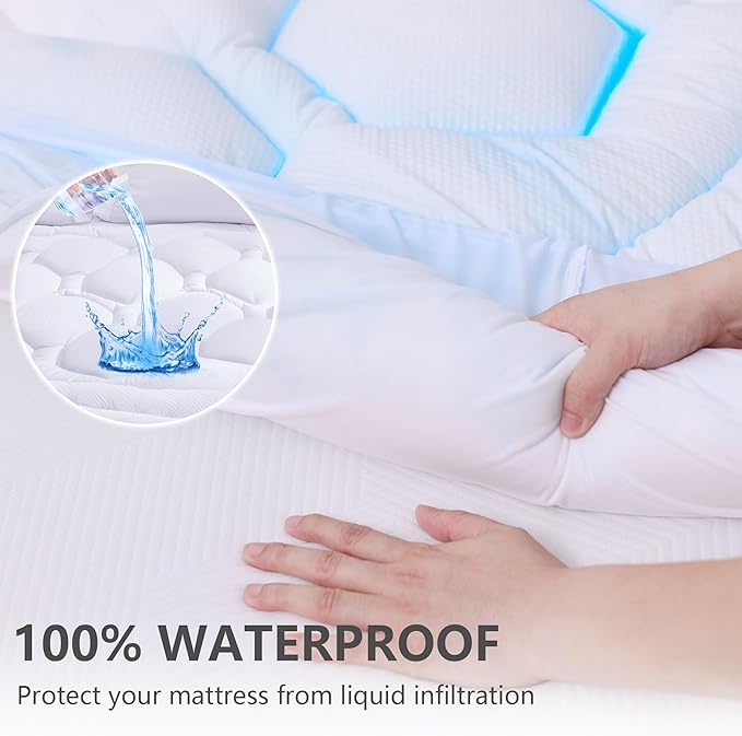 Full Size Mattress Pad Waterproof, Cooling Mattress Topper for Double Bed, Pillow Top Quilted Fitted Mattress Protector Cover with 8-21" Deep Pocket (54x75 inch, White)