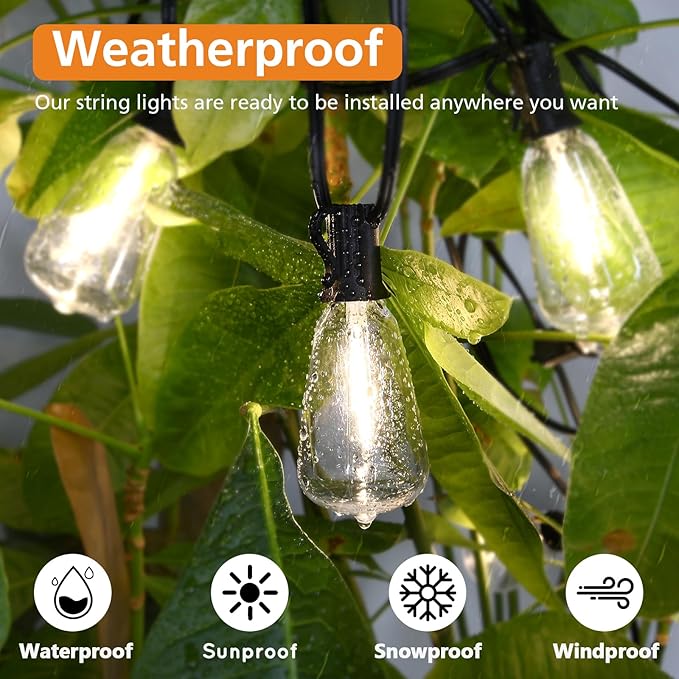 Brightever 150FT Outdoor Lights with Remote, 2700K/4000K/5000K Selectable LED String Lights for Outside with 75+2 ST38 Shatterproof Edison Bulbs, 3 Modes Dimmable Waterproof Hanging Lights for Patio