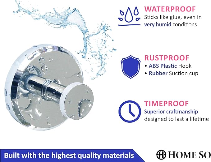 HOME SO Suction Cup Hooks for Shower, Bathroom, Kitchen, Glass Door, Mirror, Tile – Loofah, Towel, Coat, Bath Robe Hook Holder for Hanging up to 15 lbs – Waterproof & Rustproof, Chrome (2-Pack) …