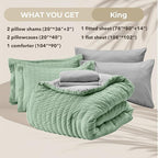 HYMOKEGE Sage Green/Light Grey King Size Comforter Set Seersucker 7 Pieces, All Season Luxury Bed in a Bag for Bedroom, Bedding Set with Comforter, Sheets, Pillowcases & Shams