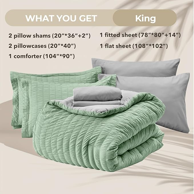 HYMOKEGE Sage Green/Light Grey King Size Comforter Set Seersucker 7 Pieces, All Season Luxury Bed in a Bag for Bedroom, Bedding Set with Comforter, Sheets, Pillowcases & Shams