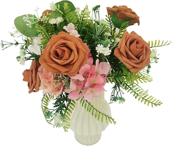 Artificial Rose Flowers 25pcs, Burnt Orange Foam Fake Rose Faux Flower for Wedding Bouquets Bridal Shower Centerpieces Floral Arrangements Home Decorations Party Backdrops Table