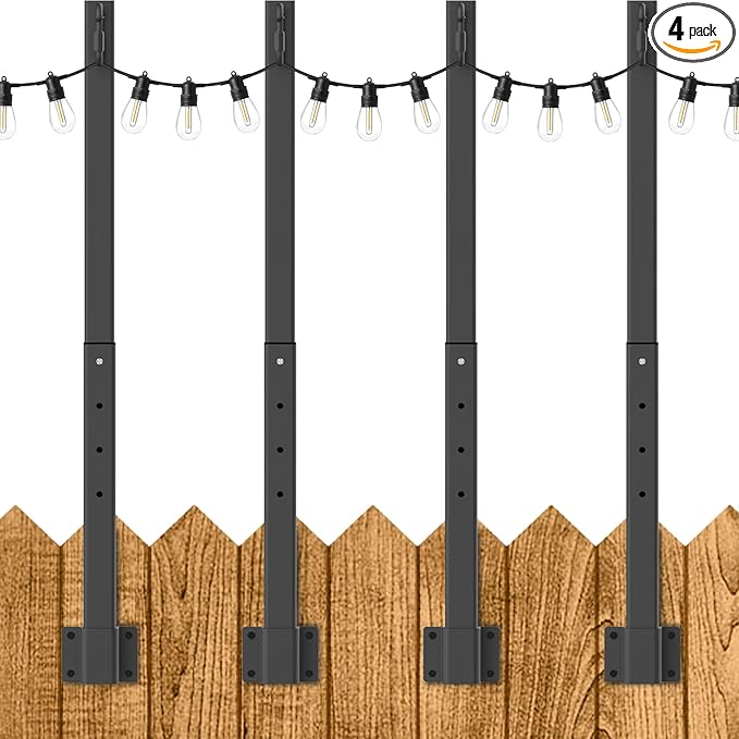 4 Pack 2.8Ft Suspension Outdoor String Light Poles for Outside String Lights Hanging,with Clip and Holder,Light Post Mounting Stand for Patio Fence Wall Garden Backyard Deck