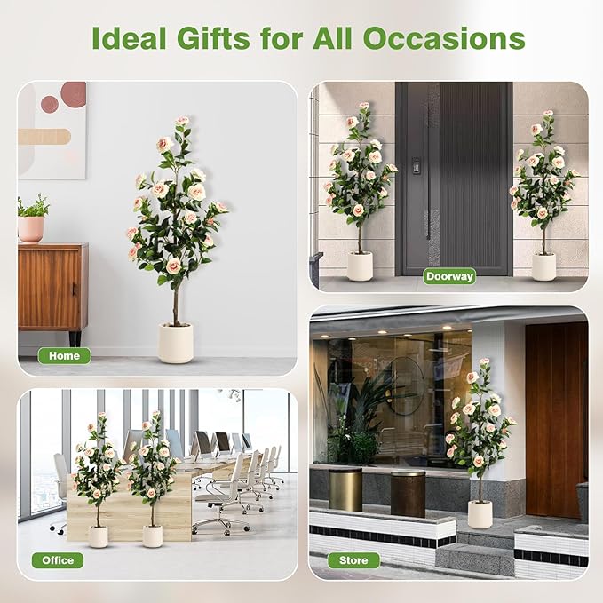 4FT Artificial Camellia Tree with White Planter & Pebbles,Faux Flower Tree with Lifelike Leaves and Realistic Trunk,Tall Fake Potted Plant for Home Décor Indoor Outdoor. (White, 4FT)