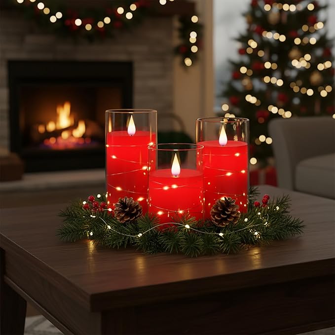 Homemory Flickering Flameless Candles with String Lights, Battery Operated Candles, Embedded String Lights LED Candles, Unbreakable Plexiglass Candle with Remote, Set of 3, Red