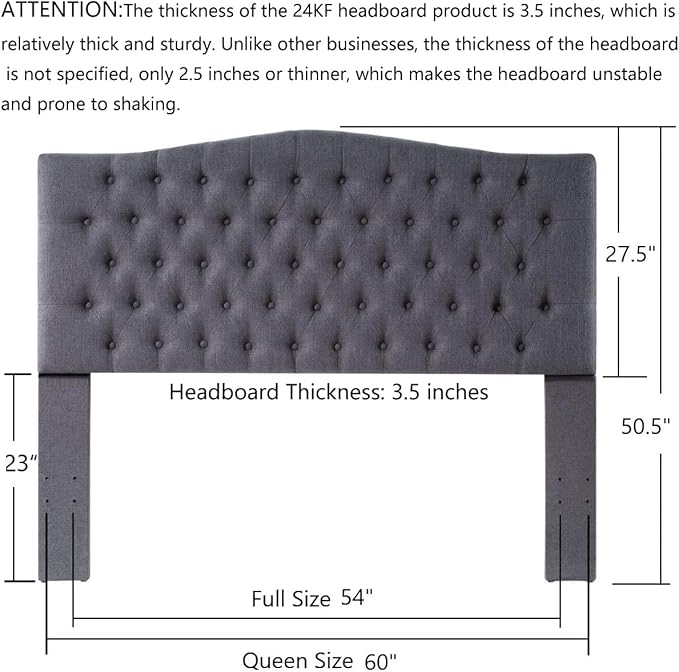 24KF Upholstered Tufted Button Linen Fabric Headboard,Comfortable Fashional Headboard Queen/Full Size,Dark Gray