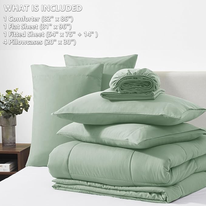 CozyLux Full Size Comforter Sets Sage Green, 7 Pieces Bed in a Bag, Green Comforter Full Size, All Season Bedding Sets with Stitch Quilted Comforter, Flat Sheet, Fitted Sheet, Pillowcases