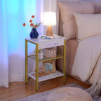 HOOBRO End Tables Set of 2 with Charging Station and USB Ports, 3-Tier Nightstands with Adjustable Shelves, Small Side Tables for Small Space in Living Room, Bedroom, White and Gold DW112BZP201G1