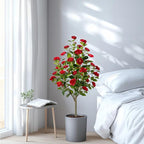 Artificial Camellia Tree 2 Pack, Artificial Plants Outdoor Faux Floral Plant in Cement Pot Fake Silk Camellia Tree Plants for Home House Living Room Office Decor